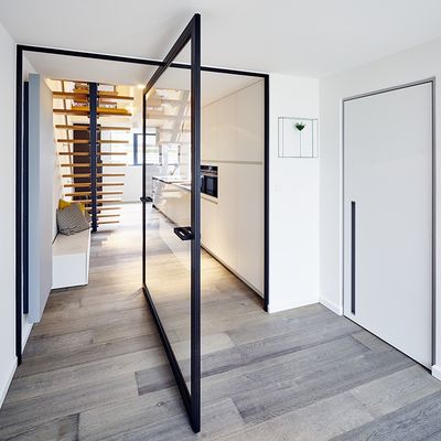 Porte d'entrée pivotée en verre de type Low-E avec verre trempé et cadre en alliage d'aluminium