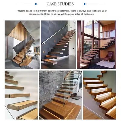 Escalier flottant en bois de hêtre personnalisé avec garde-corps en verre et lumières LED finition satinée
